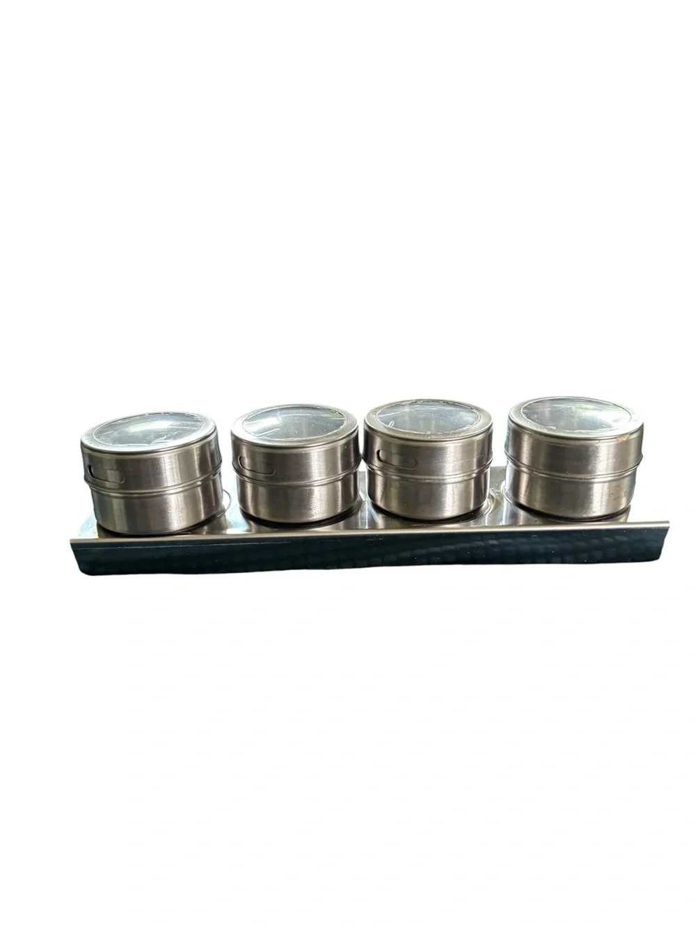 Set 4 Magnetic Spice Jars W/Covers Silver Metal On Rack Dispenser Holes Kitchen